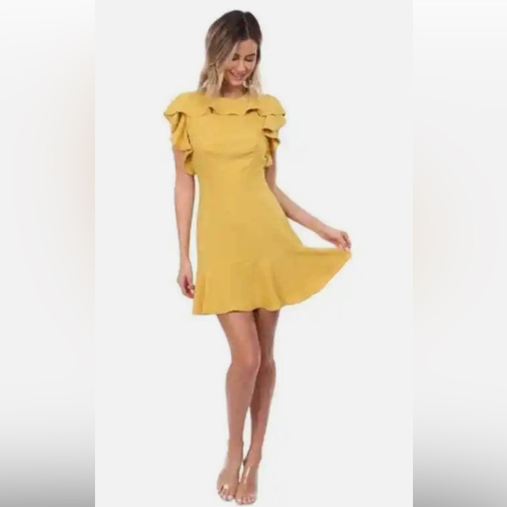 Amanda Uprichard Emery Ruffle A-Line Mini Dress Yellow Marigold Crewneck - Small